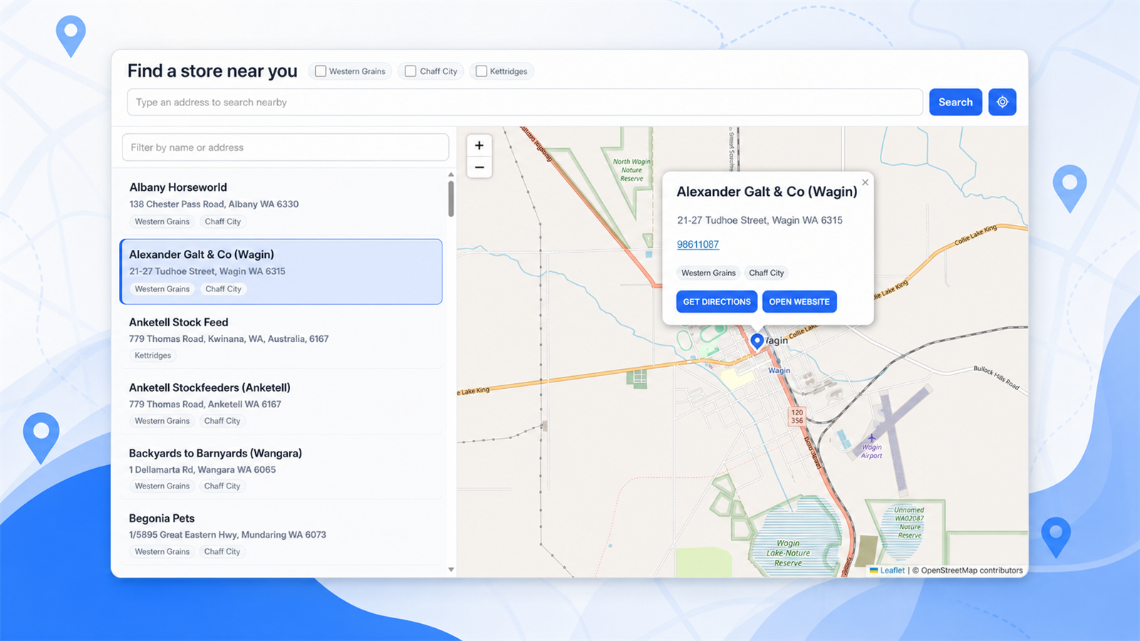 Kinetic Store Locator showing an address search, filtered store list and interactive map callout