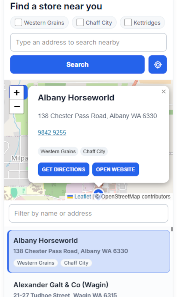 Kinetic Store Locator showing a searchable location list and interactive map